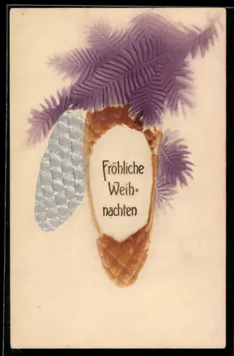 Präge-Airbrush-AK Tannenzweig mit goldenem u. silbernem Zapfen, Weihnachtsgruss