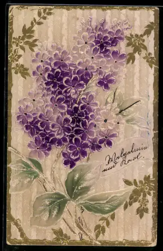 Präge-Airbrush-AK Blühender Flieder auf glänzendem Seidenstoff