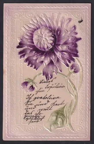 Präge-Airbrush-AK Violette Blume, Rahmen-Ornamente