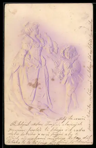 Präge-Airbrush-AK Dame und Knabe mit Weintrauben