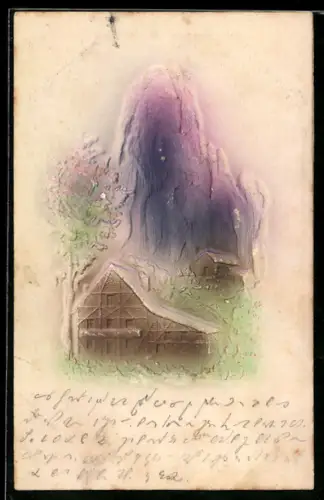 Präge-Airbrush-AK Häuser und Berggipfel