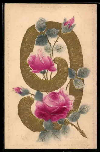 Präge-Airbrush-AK Goldene Ziffer 9, Blühender Rosenzweig