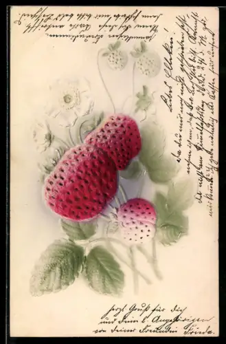 Präge-Airbrush-AK Erdbeerpflanze mit Beeren u. Blüten