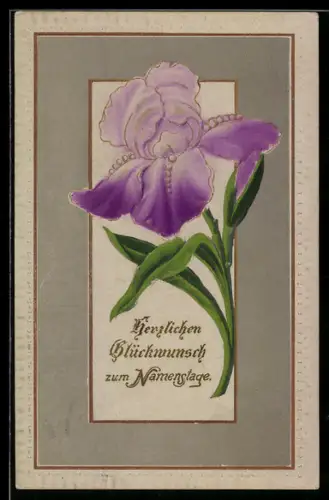 Präge-Airbrush-AK Lilie mit Blättern, Namenstagsgruss