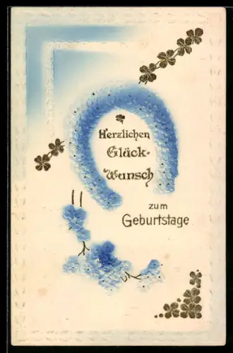 AK Zum Geburtstag alles Gute und viel Glück, Hufeisen aus Blumen