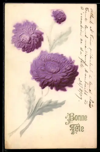 Präge-Airbrush-AK Dahlien, Stengel mit Blättern, Bonne Fete