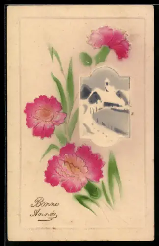 Präge-Airbrush-AK Schneeidylle, Nelken, Neujahrsgruss