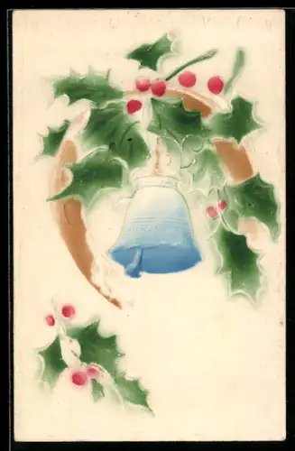 Präge-Airbrush-AK Stechpalmenzweig mit Hufeisen u. Glocke