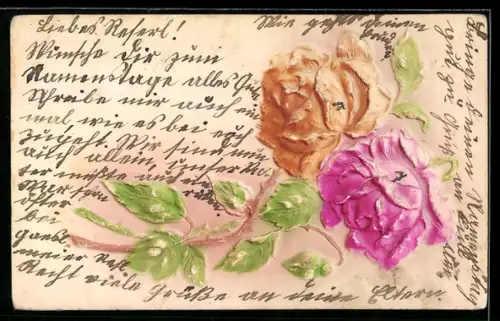 Präge-Airbrush-AK Orangefarbene und pinke Rosen