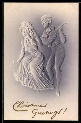 Präge-Airbrush-AK Mandolinenspieler und Tänzerin, Weihnachtsgruss