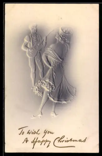 Präge-Airbrush-AK Gitarrenspieler und Tänzerin, Weihnachtsgruss