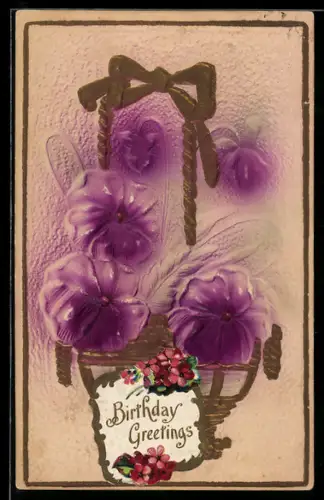 Präge-Airbrush-AK Blumen in einem goldenen Hängekorb, Geburtstagsgruss