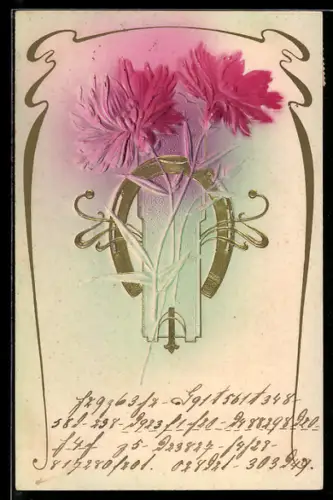 Präge-Airbrush-AK Zwei Blumen mit einem goldenen Hufeisen