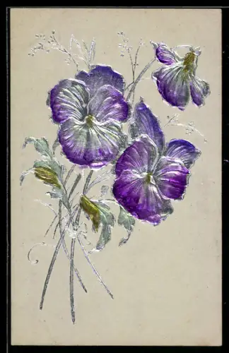 Präge-Airbrush-AK Lila-silberne Veilchen, Strauss