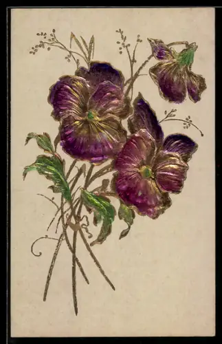 Präge-Airbrush-AK Violett-goldene Veilchen