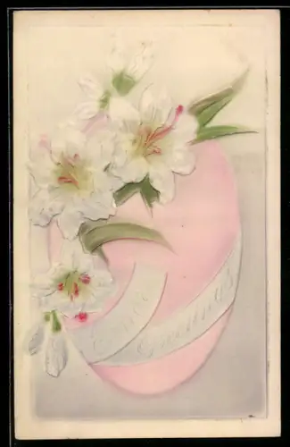 Präge-Airbrush-AK Weisse Lilien und Osterei, Ostergruss
