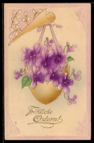 Präge-Airbrush-AK Hängendes gelbes Ei mit Blumen, Ostergruss