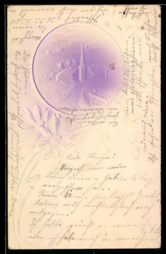 Präge-Airbrush-AK Idyllische Ortschaft mit Kirchturm, Blumen