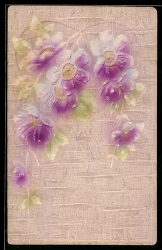 Präge-Airbrush-AK Blumen mit Herz-Umriss