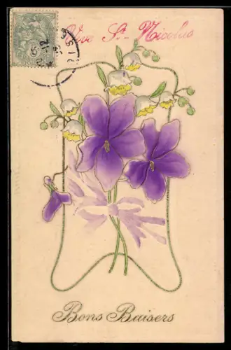 Präge-Airbrush-AK Veilchen und Maiglöckchen, Bons Baisers