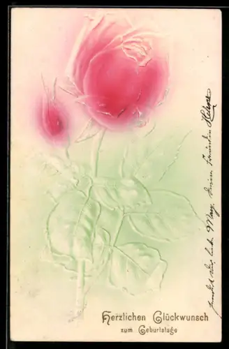Präge-Airbrush-AK Rose mit Knospe u. Blättern, Geburtstagsgruss