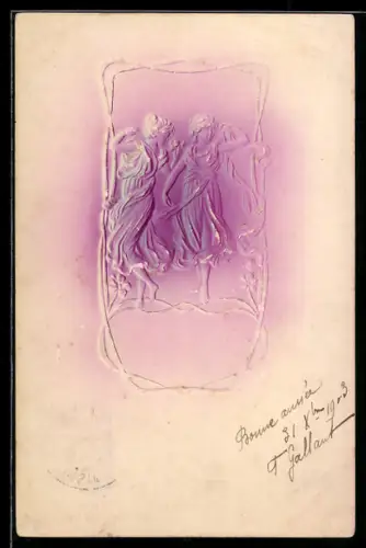 Präge-Airbrush-AK Zwei Tänzerinnen in antiken Gewändern, Ornament-Rahmen