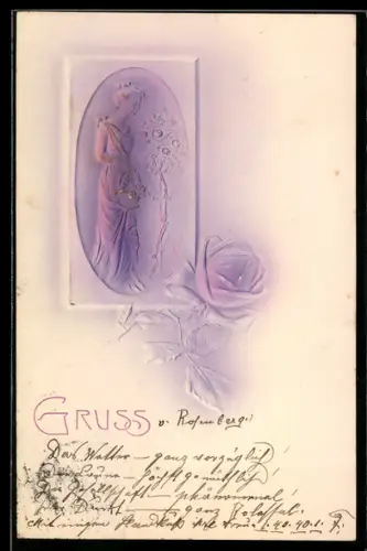 Präge-Airbrush-AK Junge Dame pflückt Rosen, Rahmen, Rose