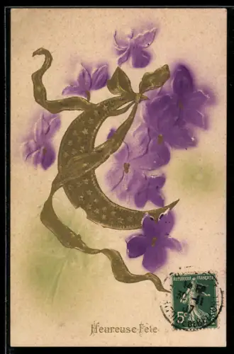 Präge-Airbrush-AK Veilchen, Mondsichel, Flatterband, Heureuse Fete