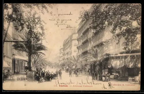 AK Toulon, Avenue Colbert animée avec cafés et promeneurs sous les arbres
