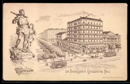 Lithographie Toulon, La Brasserie Guillaume Tell et tramway sur le Boulevard de Strasbourg, Strassenbahn