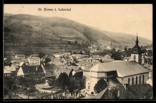 AK St. Kreuz i. Lebertal, Vue sur le village avec église et collines en arrière-plan