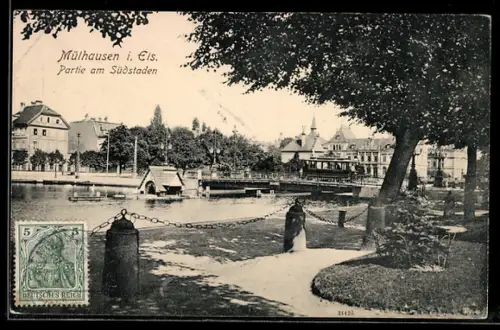 AK Mülhausen i. Els., Partie am Südstaden mit Blick auf den Fluss und Uferpromenade