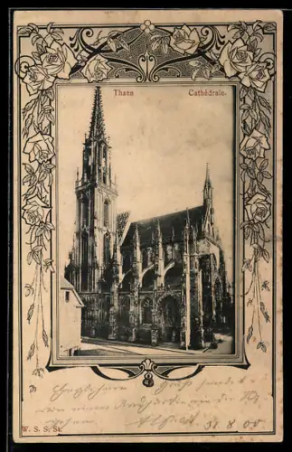 AK Thann, Cathédrale gothique avec flèche impressionnante et détails architecturaux ornés