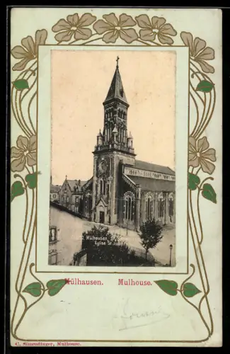 AK Mulhouse, Église Sainte-Marie avec cadre floral