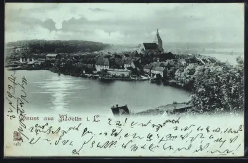 Mondschein-AK Mölln i. L., Ortsansicht mit Kirche und See