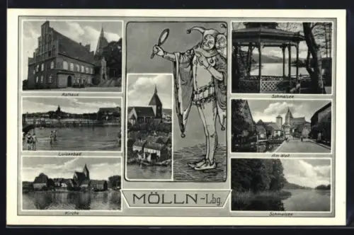 AK Mölln /Lbg., Rathaus, Luisenbad, Kirche, Schmalsee