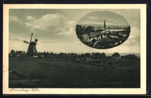 AK Lauenburg /Elbe, Windmühle, Ortsansicht mit Kirche