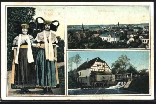 AK Bünde i. W., Frauen in Tracht, Panorama, Mühle