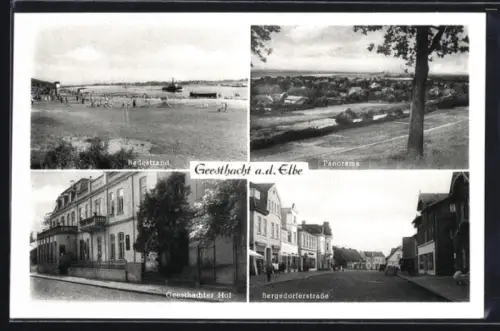 AK Geesthacht a.d. Elbe, Badestrand, Panorama, Geesthachter Hof, Bergedorferstrasse