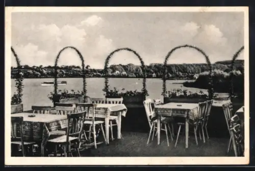AK Ratzeburg, Neues Fährhaus am Küchensee, Terrasse mit Seeblick