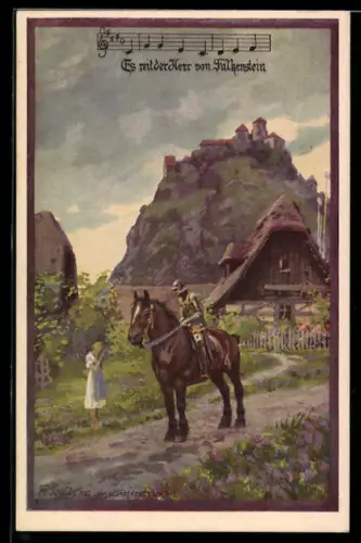 Künstler-AK Fr. Jung: Ritter zu Pferd findet weinendes Mädchen am Strassenrand