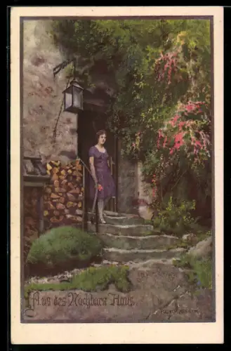 Künstler-AK Franz Jung-Ilsenheim: Junge Frau vor ihrer Haustür