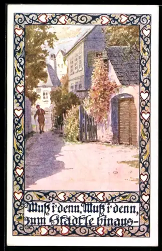 Künstler-AK Letzter Blick eines Herrn zum Abschied vor der Wanderschaft