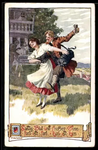 Künstler-AK Ernst Kutzer: Liebespaar tanzt vergnügt über die Wiese, Wappen