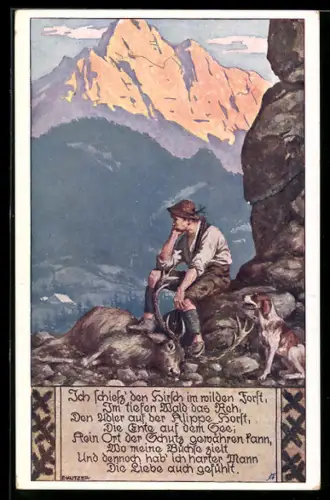Künstler-AK Ernst Kutzer: Volksliederkarte Nr. 9, Ich schiess den Hirsch im wilden Forst