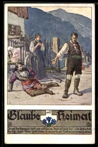 Künstler-AK Ernst Kutzer: Mann reicht dem gestürzten Soldaten die Hand, Glaube und Heimat
