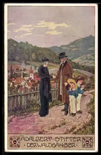Künstler-AK Ernst Kutzer: Adalbert Stifter, Der Waldgänger, alter Mann spricht Witwe sein Beileid aus, Jungen essen Äpfe