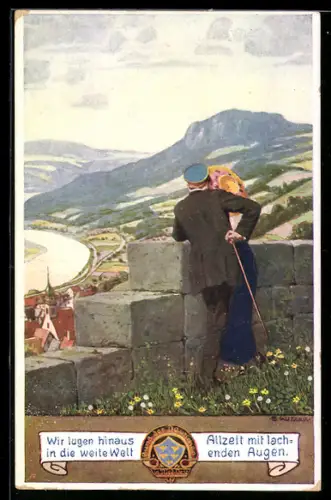 Künstler-AK Ernst Kutzer: Junges Paar blickt von der Burg in den Ort