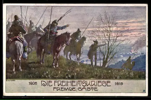 Künstler-AK Ernst Kutzer: Die Freiheitskriege, Fremde Gäste, Reiter oberhalb der brennenden Stadt