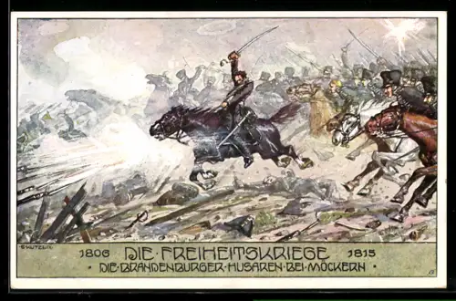 Künstler-AK Ernst Kutzer: Die Freiheitskriege, Die Brandenburger Husaren bei Möckern
